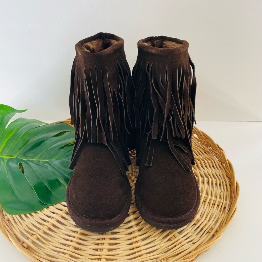 Minnetonka NWOT Moccasin brown suede fringe hippie boho faux fur boots size 6 - Picture 5 of 14